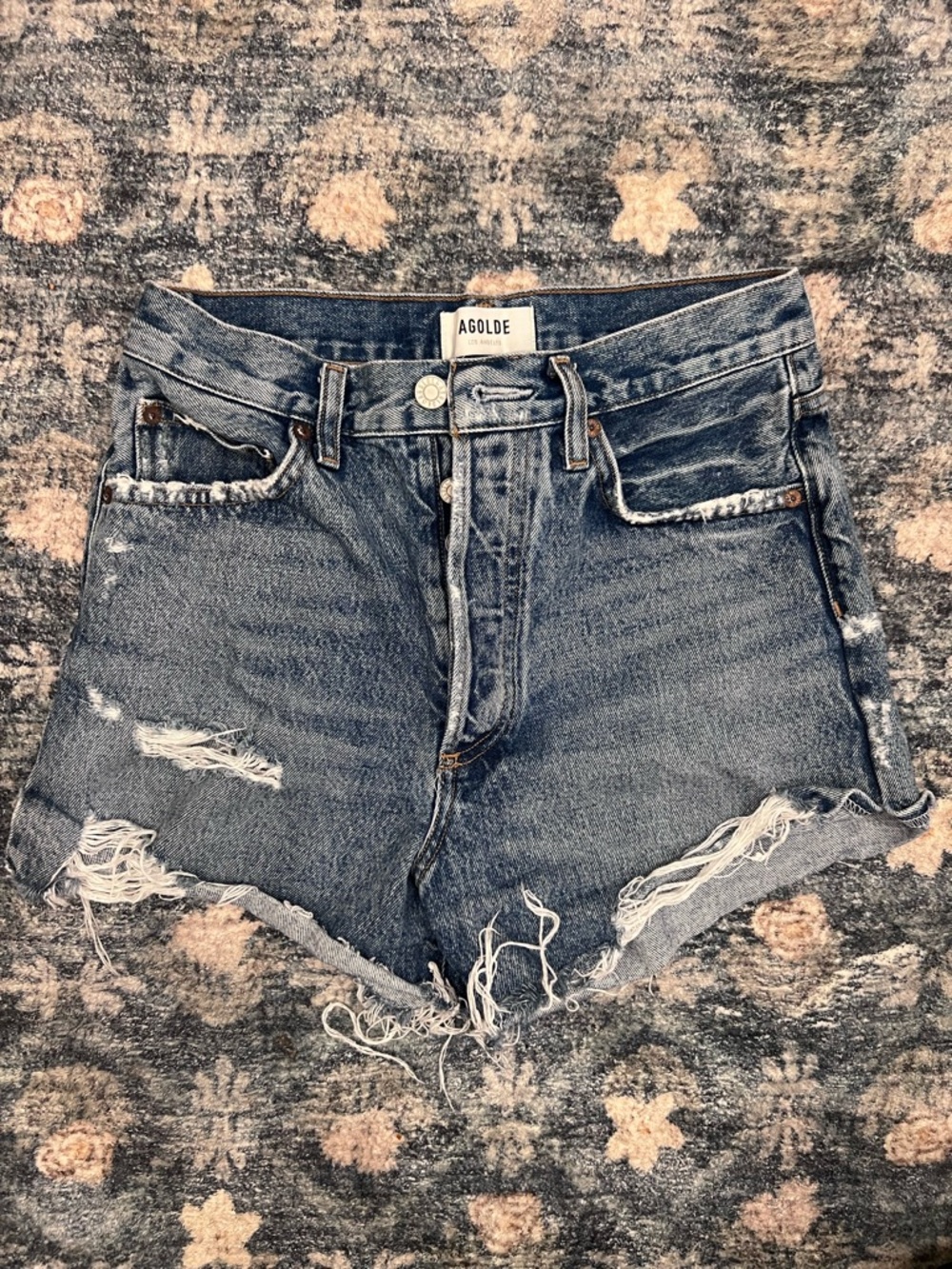 Agolde Washed Blue Distressed High-Rise Denim Cutoff Shorts